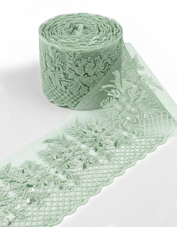 Aurora Blossom Beaded Border Lace - (Dusty Green)